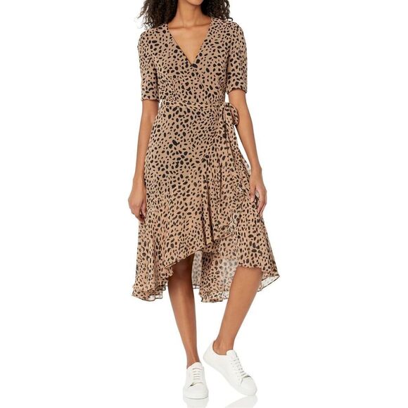 Fame & Partners Leopard V-Neckline High Low Wrap Dress Women's 10US - Picture 1 of 14